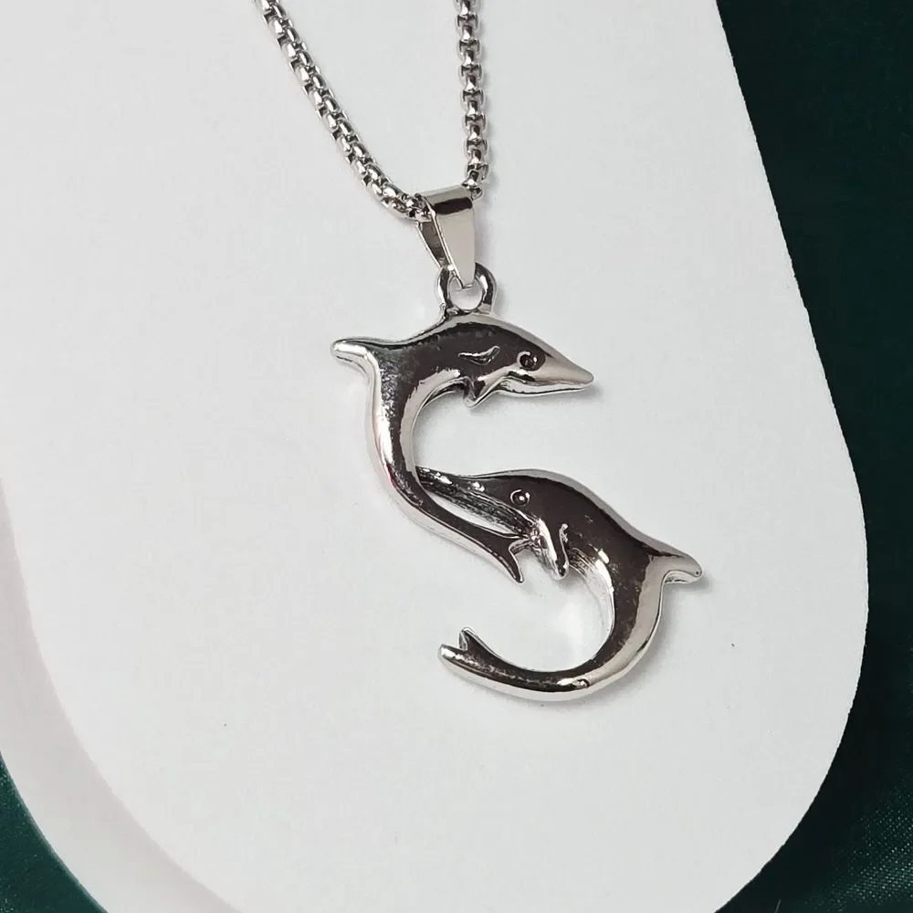 Silver Double Dolphin Pendant Necklace 24” Stainless Steel Coastal Cruise Vacay